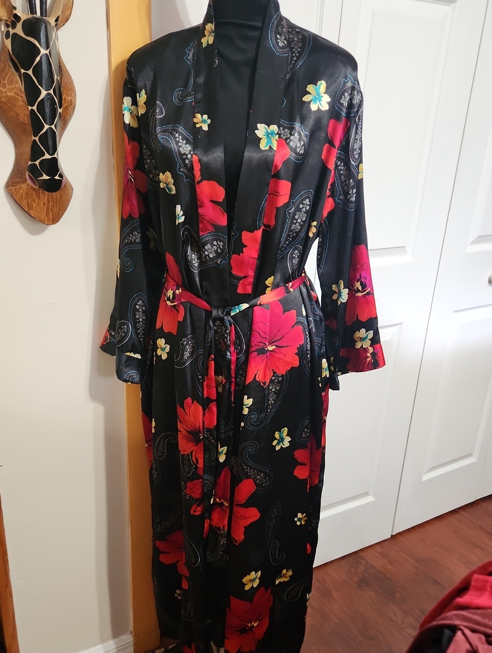 Kim Rogers Black Satin Floral Robe with Red & Yellow Accents